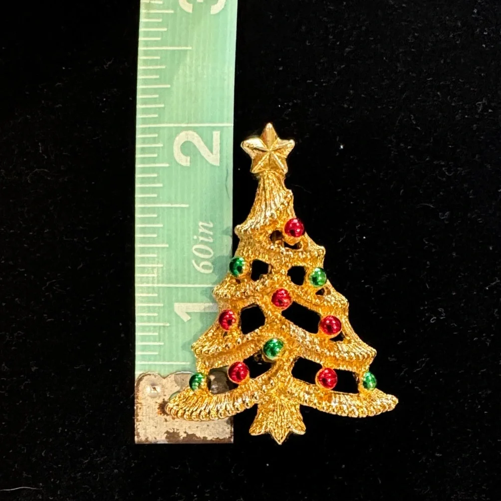 Gold Christmas Tree Brooch with Red and Green Accents